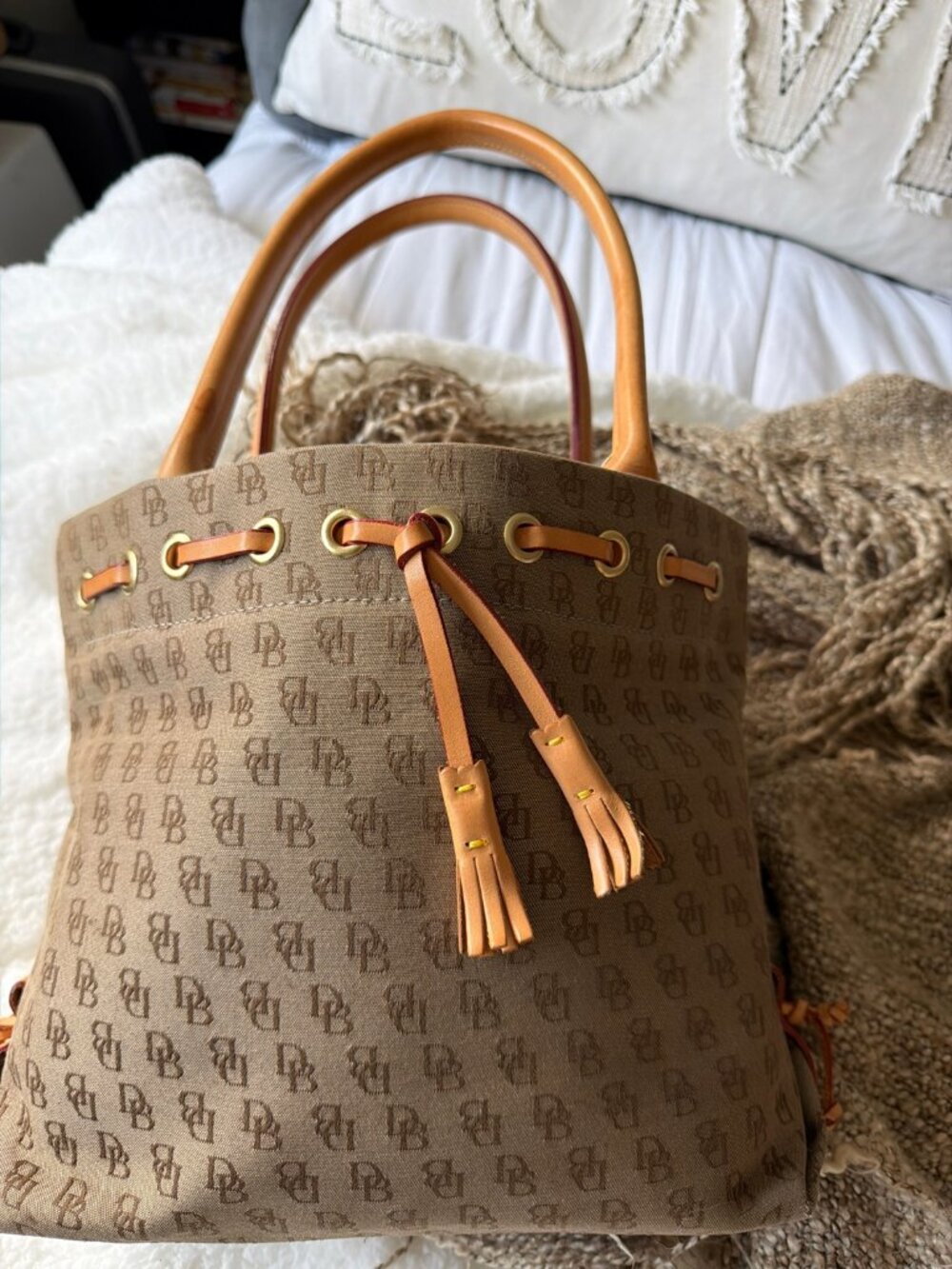 Vintage Dooney & Bourke Drawstring Bucket Bag – Tan DB Monogram, Mint Condition